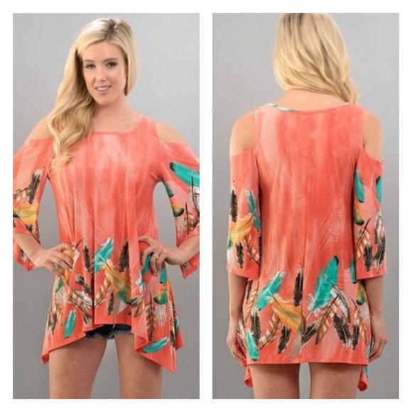 LAST 1❤️ Coral Cold Shoulder Feather Print Top - Picture 2 of 3